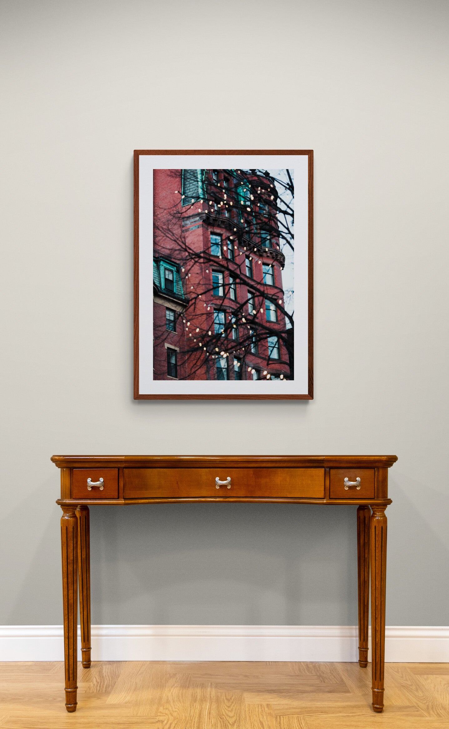 Boston Brownstone Photograph Print as Wall art above a Console Table