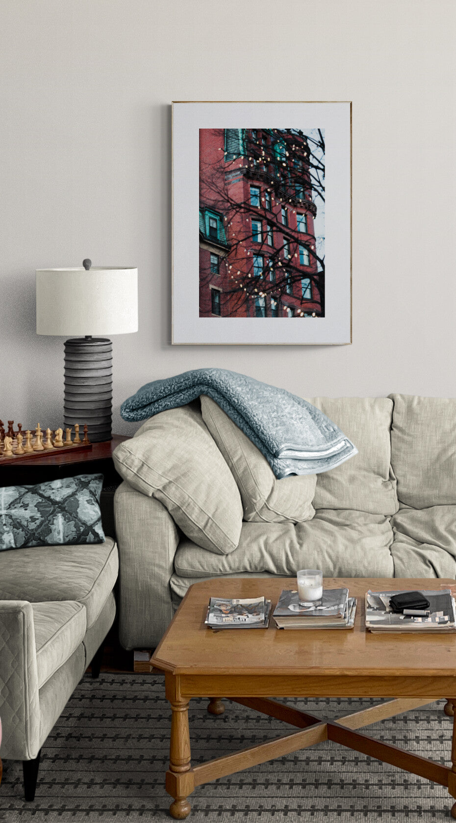 Boston Brownstone Photograph Print as Wall Art in a BrLiving Room