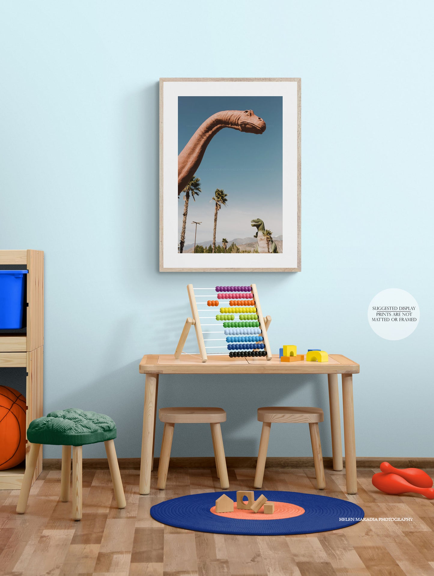 Brontosaurus and T-Rex in the desert Print in a Playroom