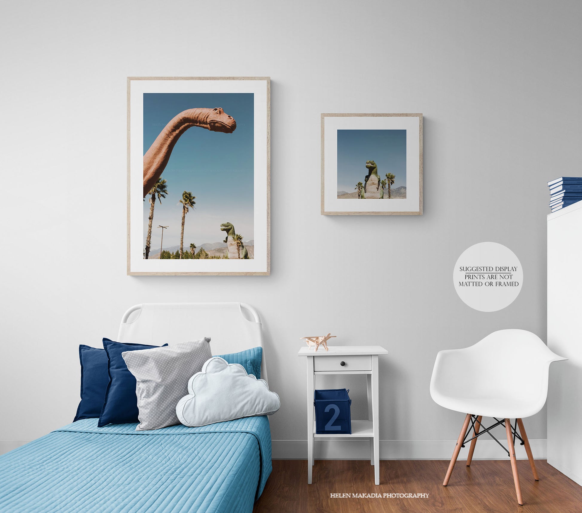 Brontosaurus and T-Rex in the desert Print in a Kid's Room
