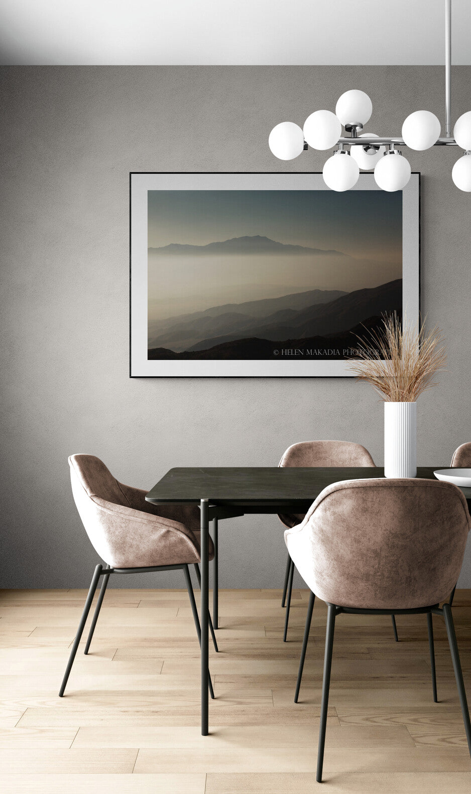 Photograph of the California Mountains as wall art print in a dining room
