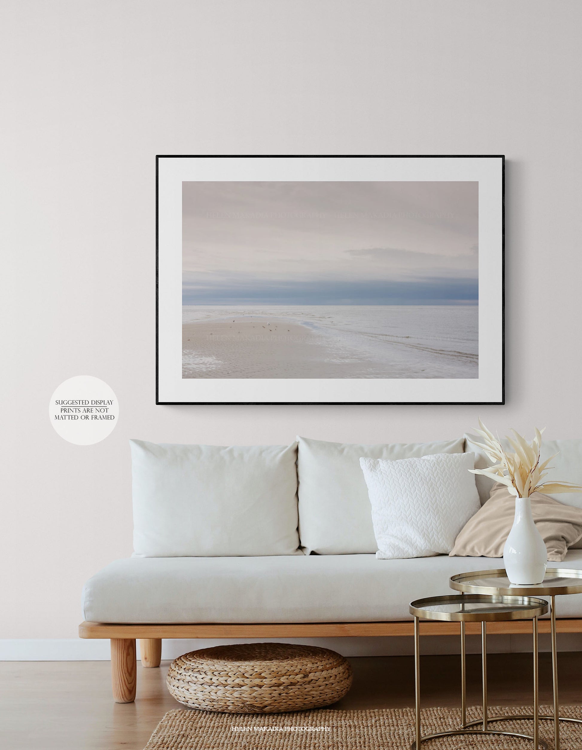 Calm Beach Framed Print in a Living Room