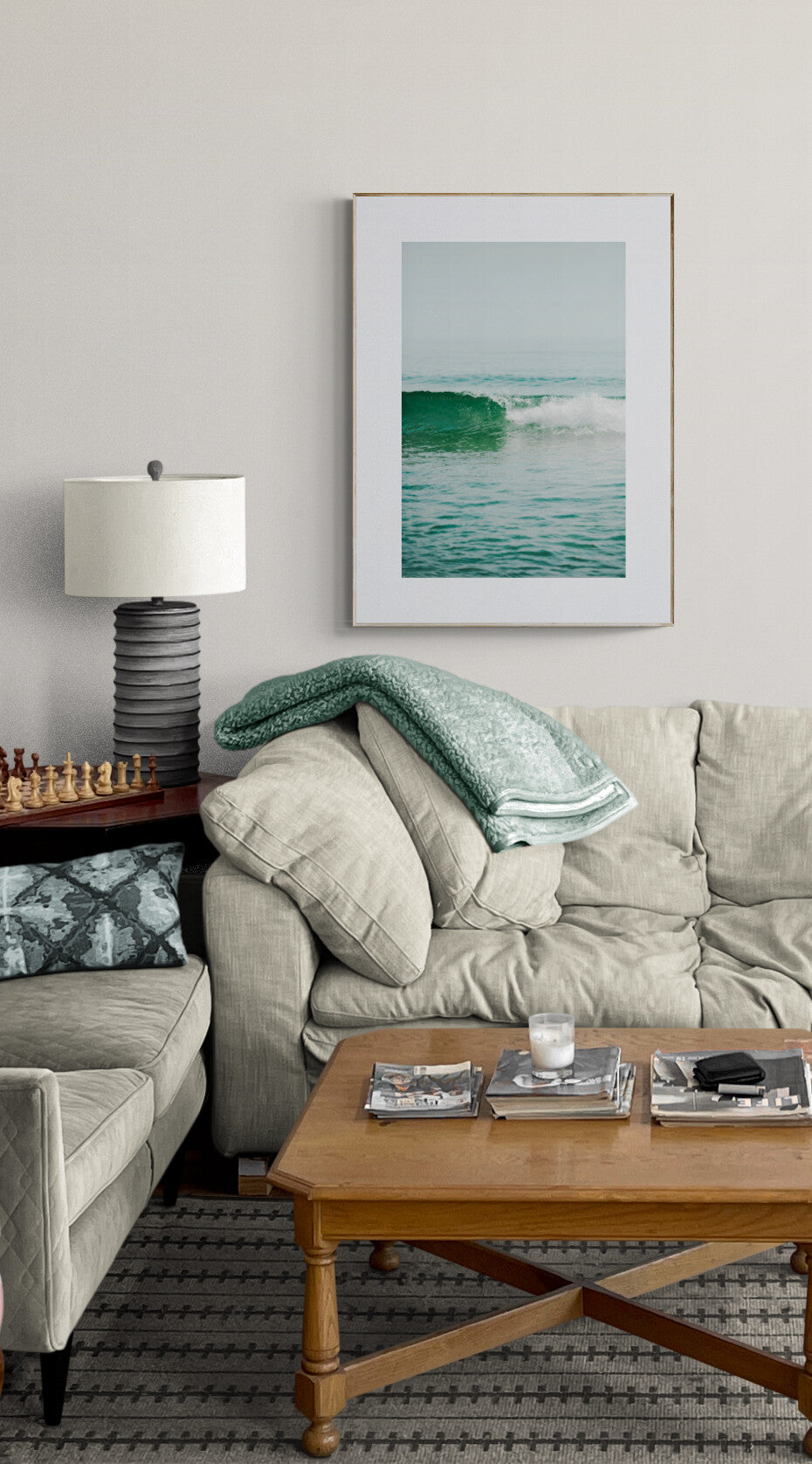 Cape Cod Atlantic Ocean Wave as Wall Art in an Apartment Living Room