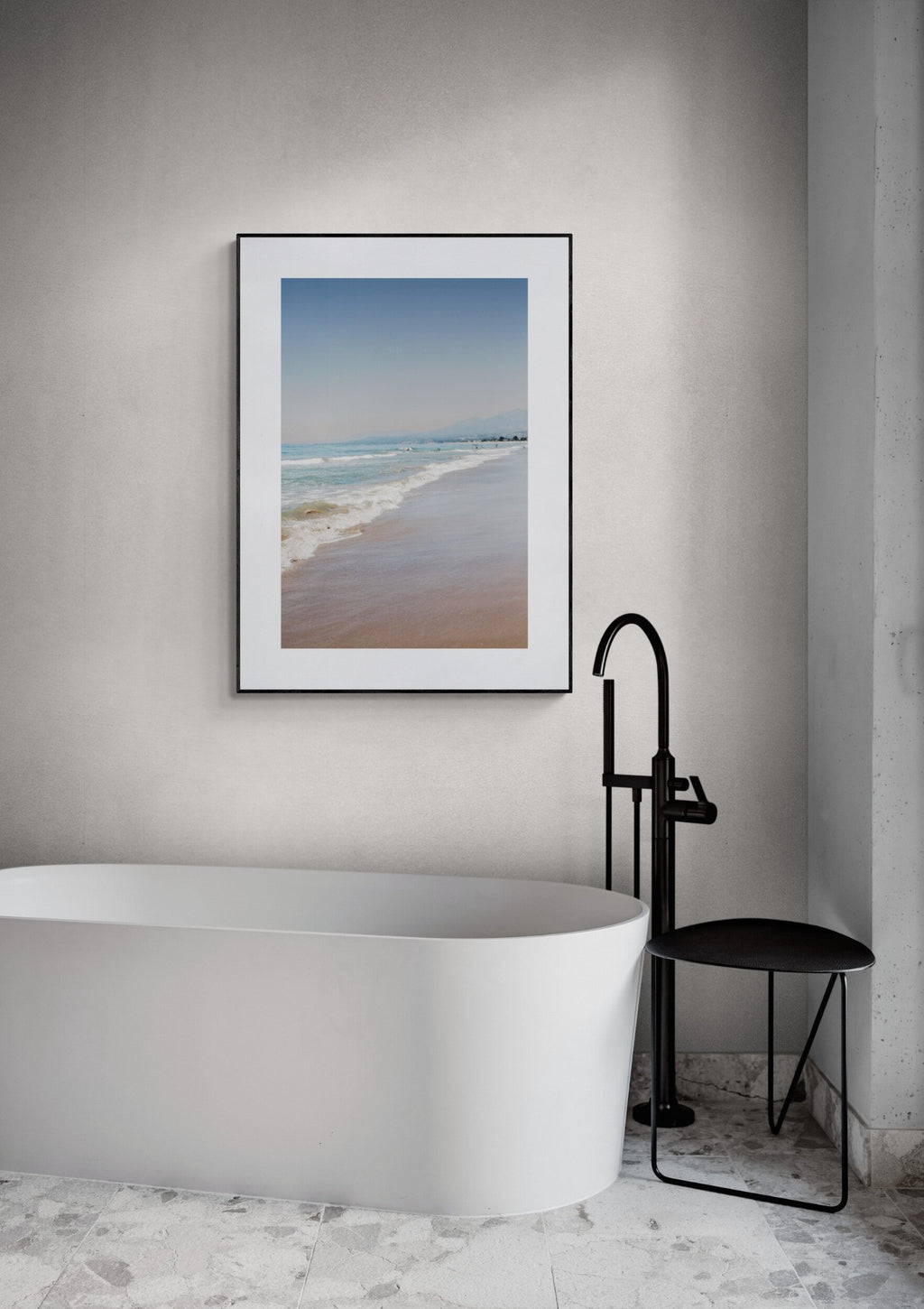 Carpinteria Beach Photograph as wall art in a modern bathroom