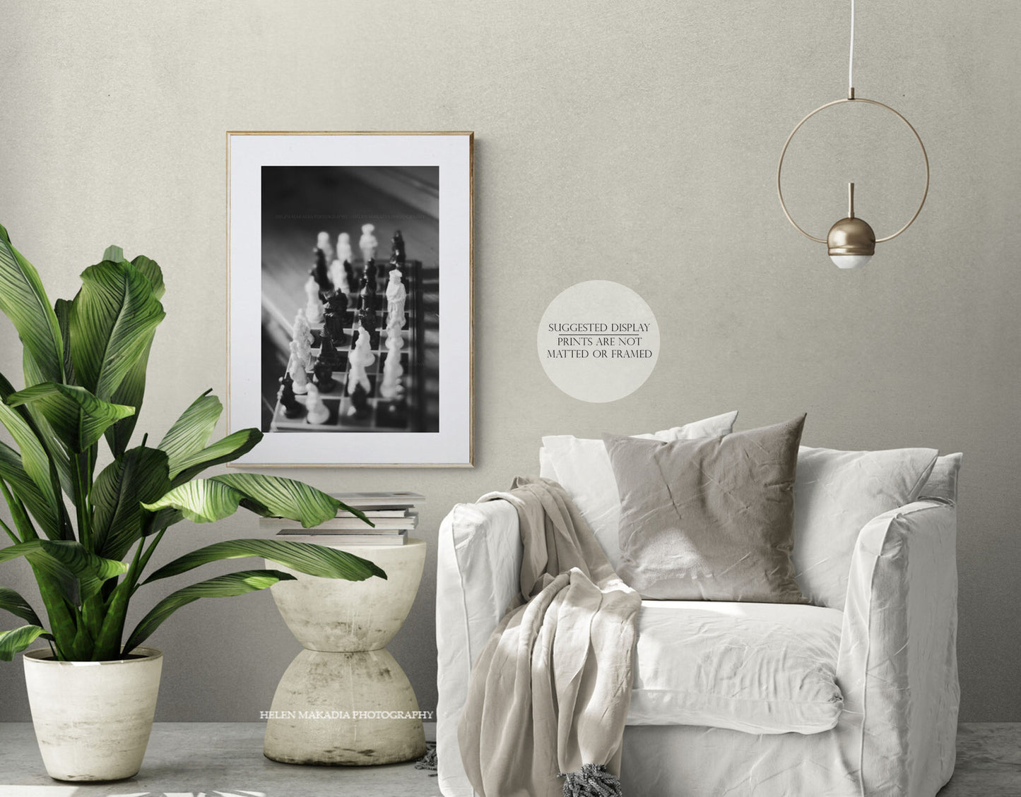 Framed Black & White Photograph of Chess Pieces and Board, in a living room