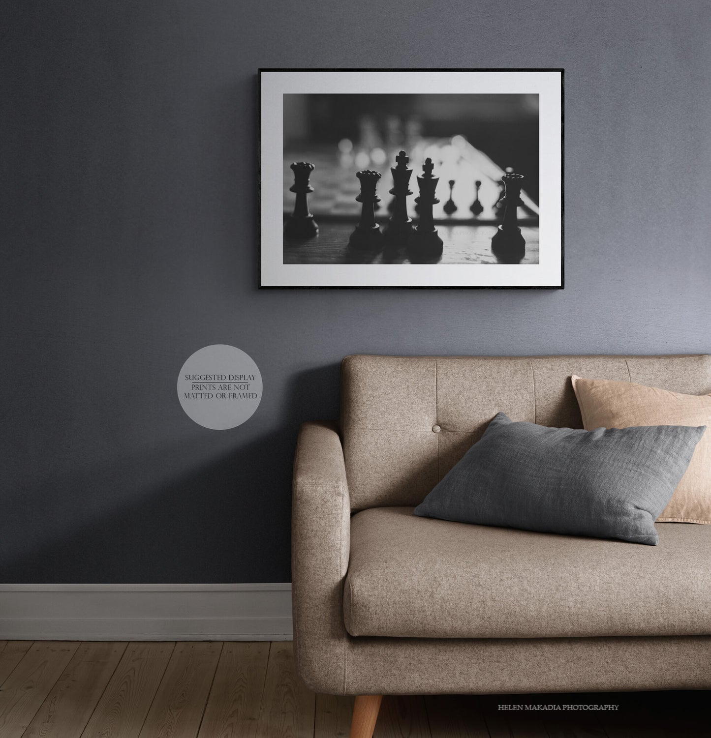 Black and White Photograph of Chess Pieces, Framed Print in a Living Room