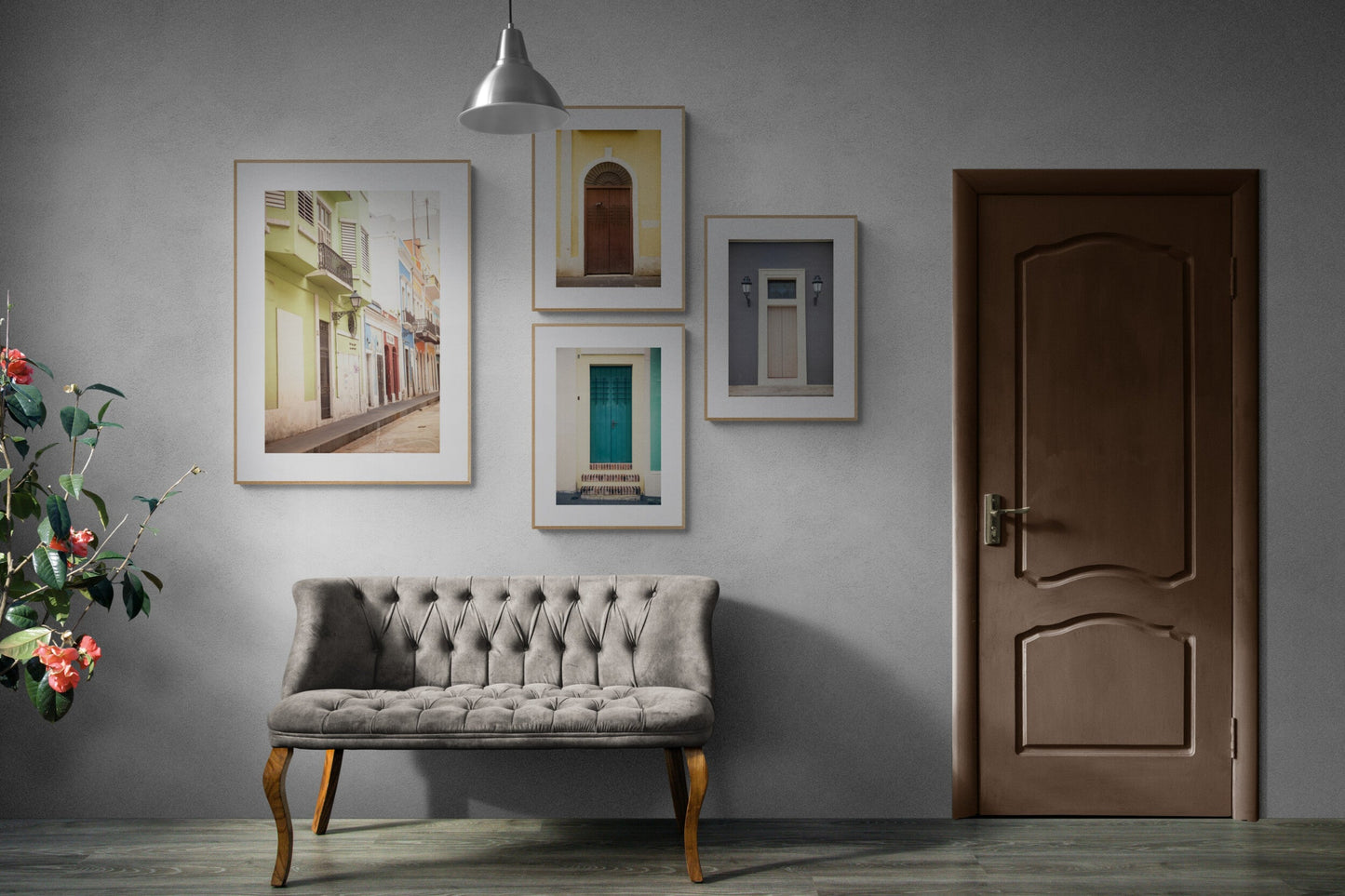 Collection of 4 puerto rico door photographs as wall art prints in a hallway 