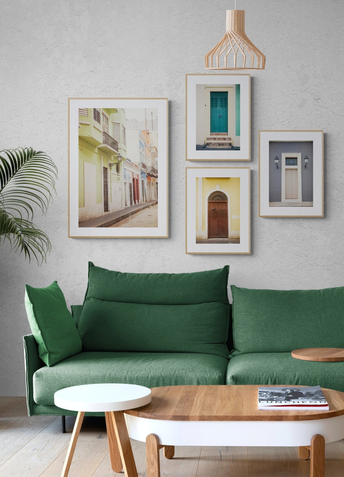 Collection of 4 doors photographs of puerto rico as wall art in a living room