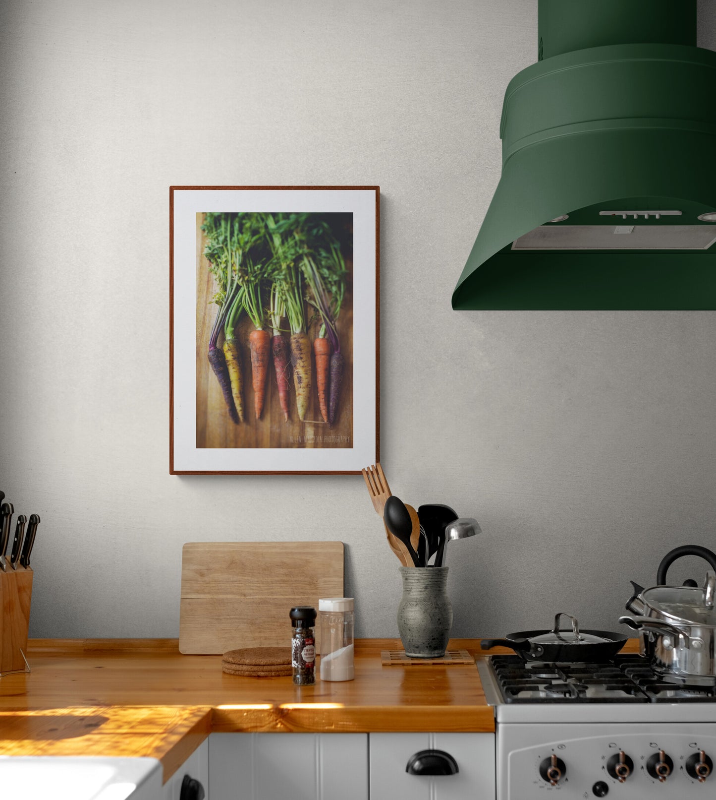 Colorful carrots photograph as kitchen wall art in a farmhouse kitchen