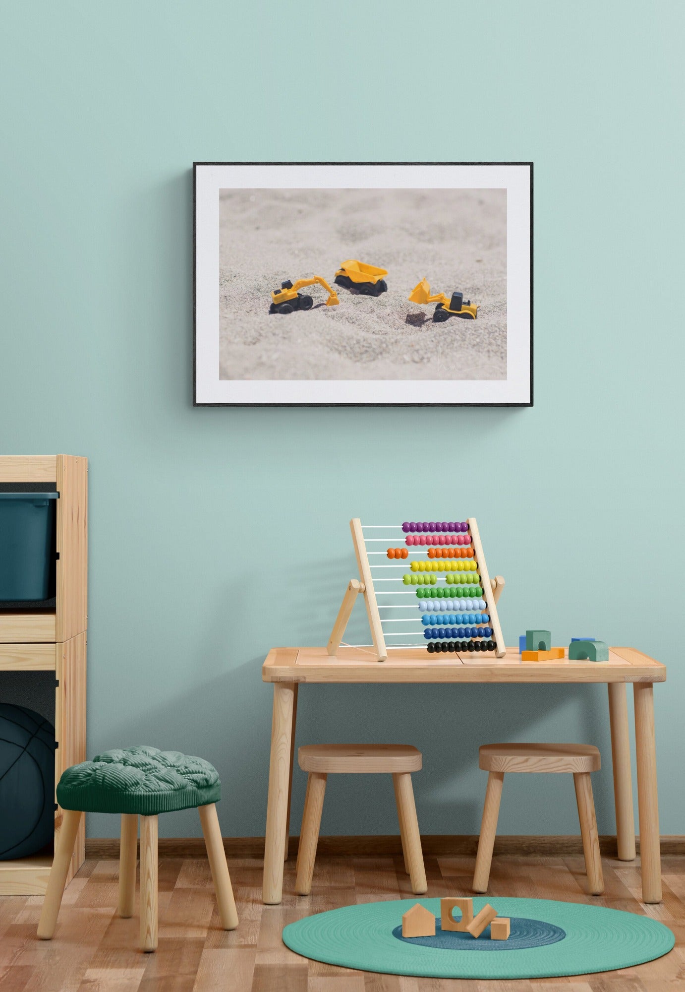 Construction site whimsical photograph print as wall art in a playroom