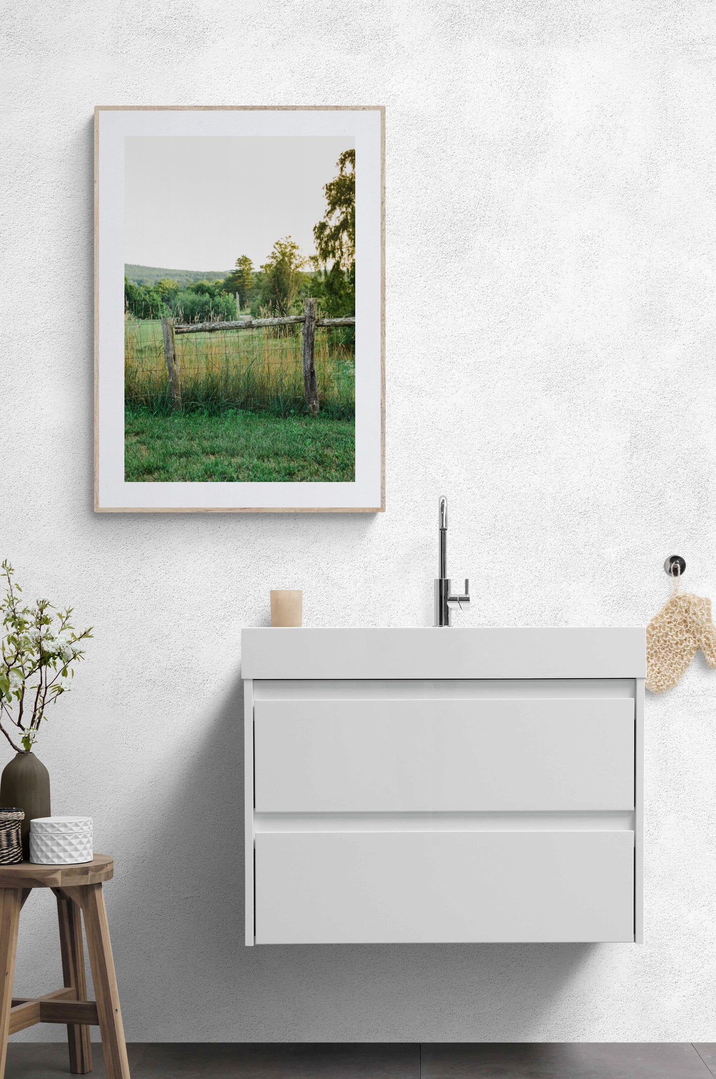 Country field and grass photograph in a bathroom as wall art