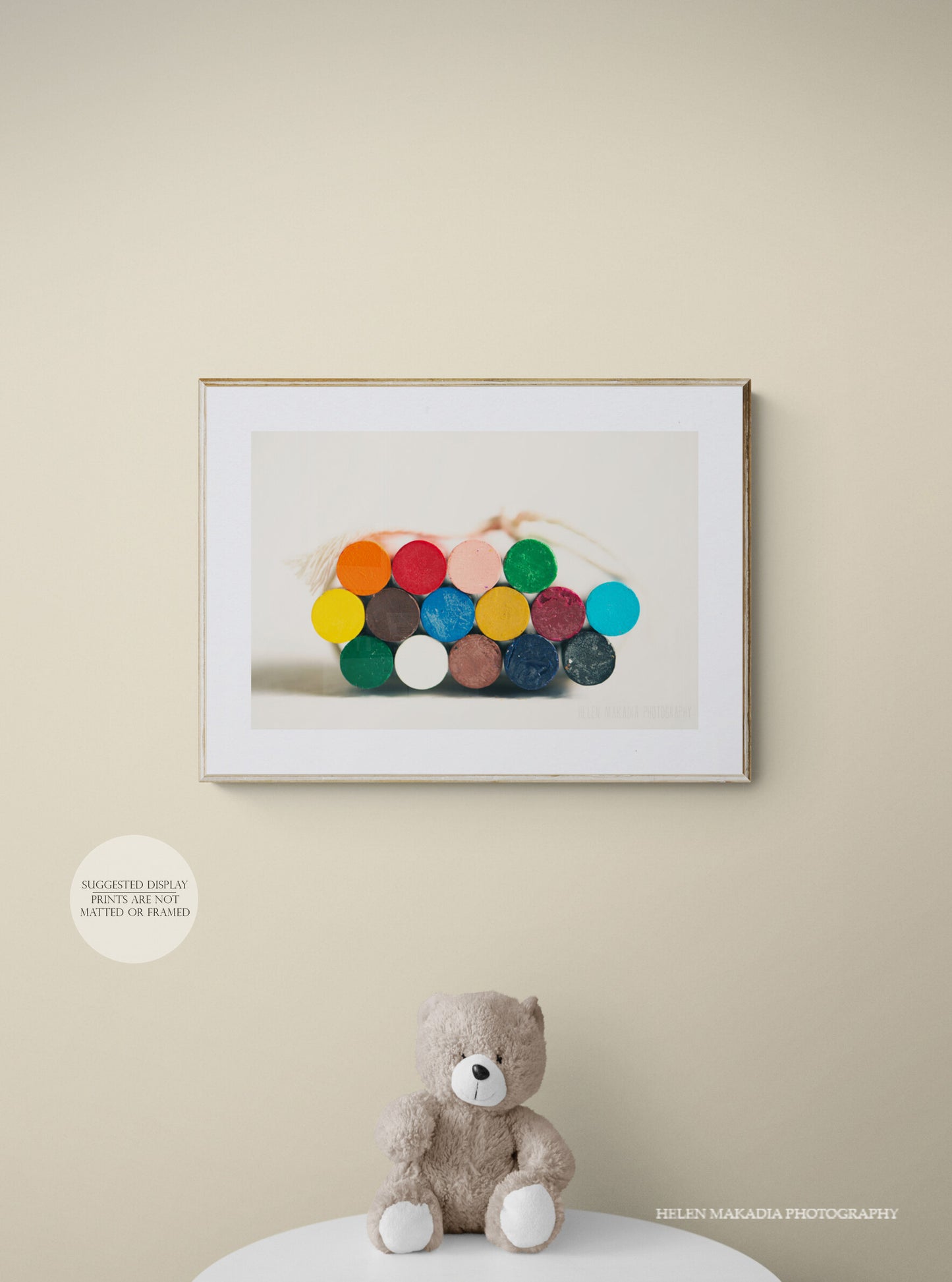 A Photograph of a Bundle of Crayons Ends as wall art in a playroom