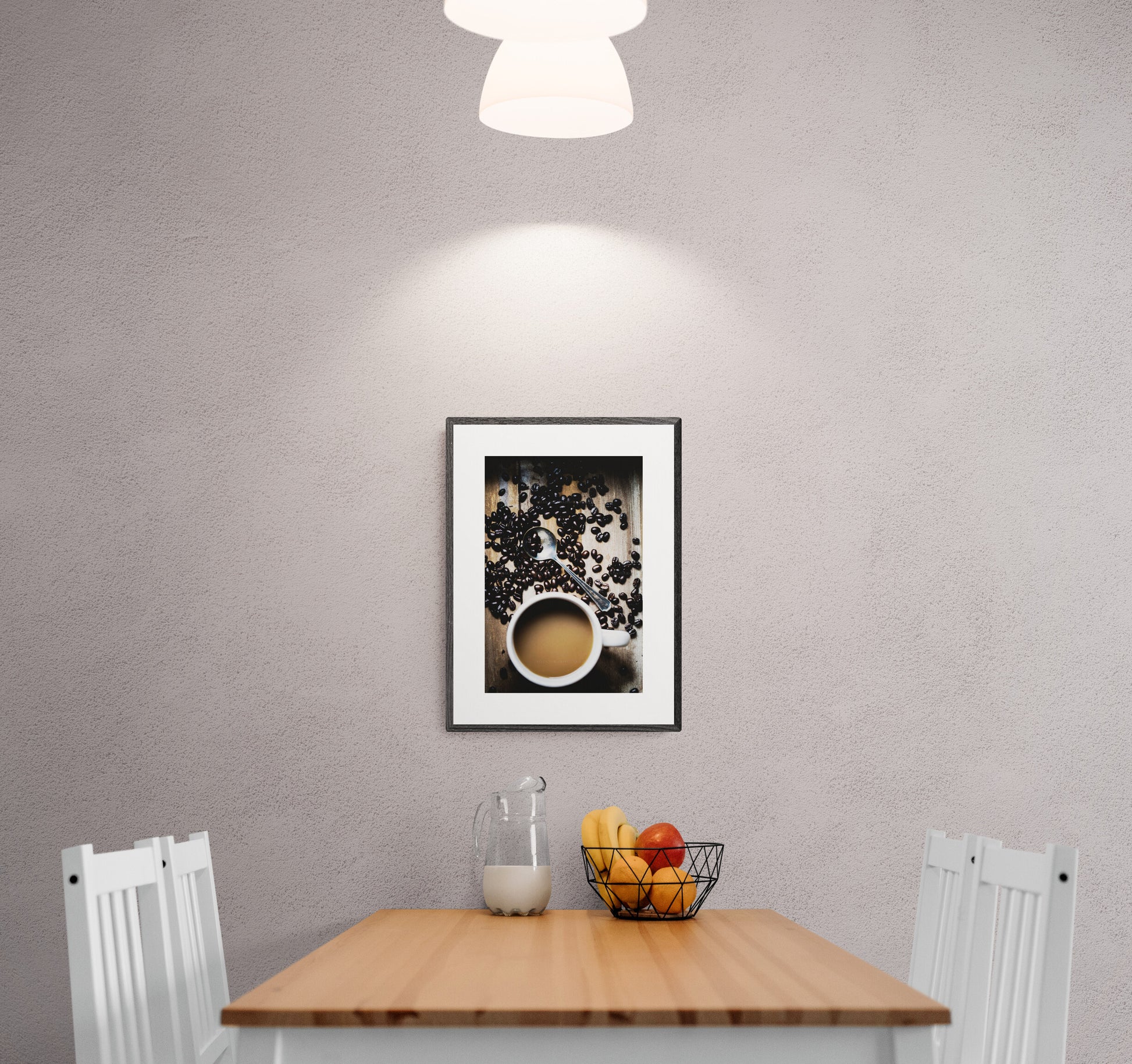 Cup of coffee and coffee beans photograph print in an eat in kitchen