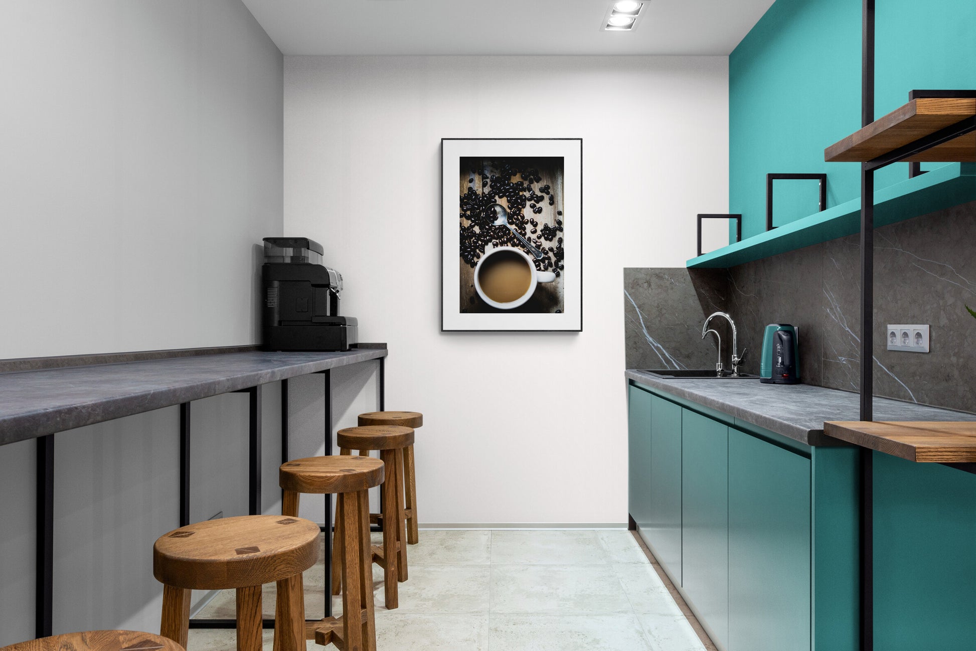 cup of coffee and coffee beans photograph print in a workplace kitchen breakroom