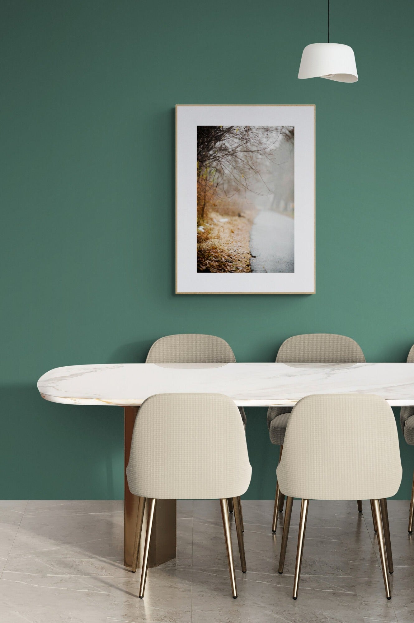 Foggy Winter road photograph print as wall art in a dining room