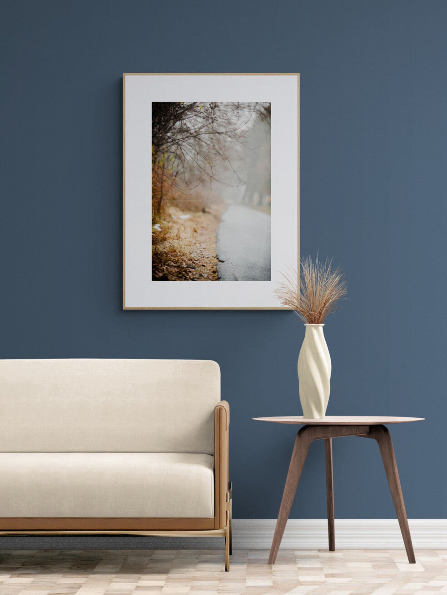 Foggy Winter Road Photograph print as wall art in a living room