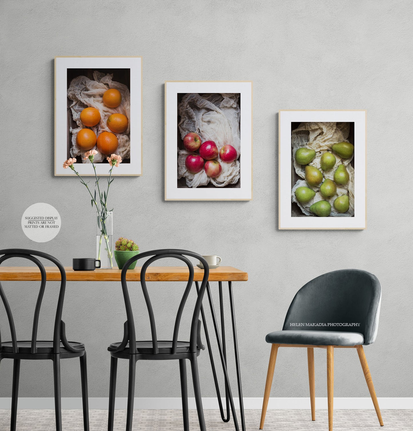 Fruit Print Collection featuring pears, oranges and apples in a kitchen