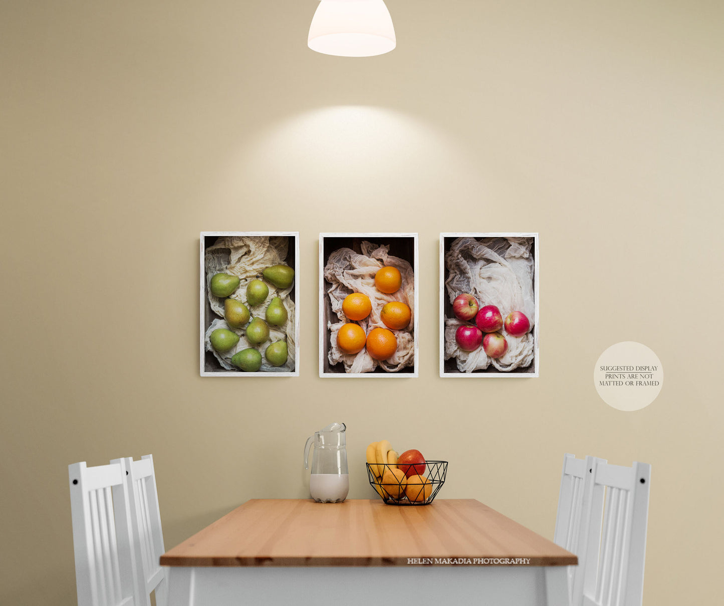 Fruit Print Collection featuring pears, oranges and apples in a kitchen