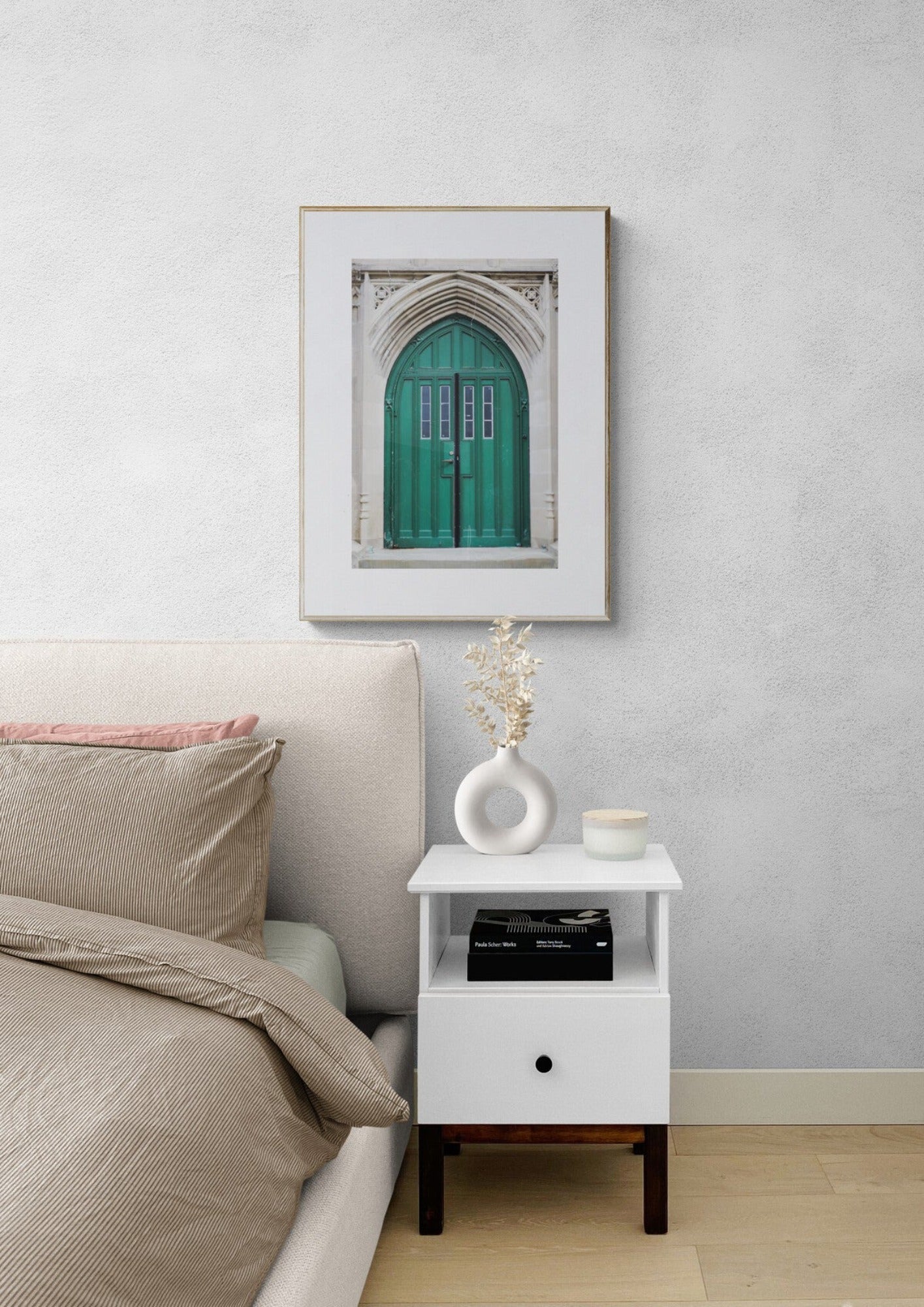 gothic green door photograph print in a bedroom