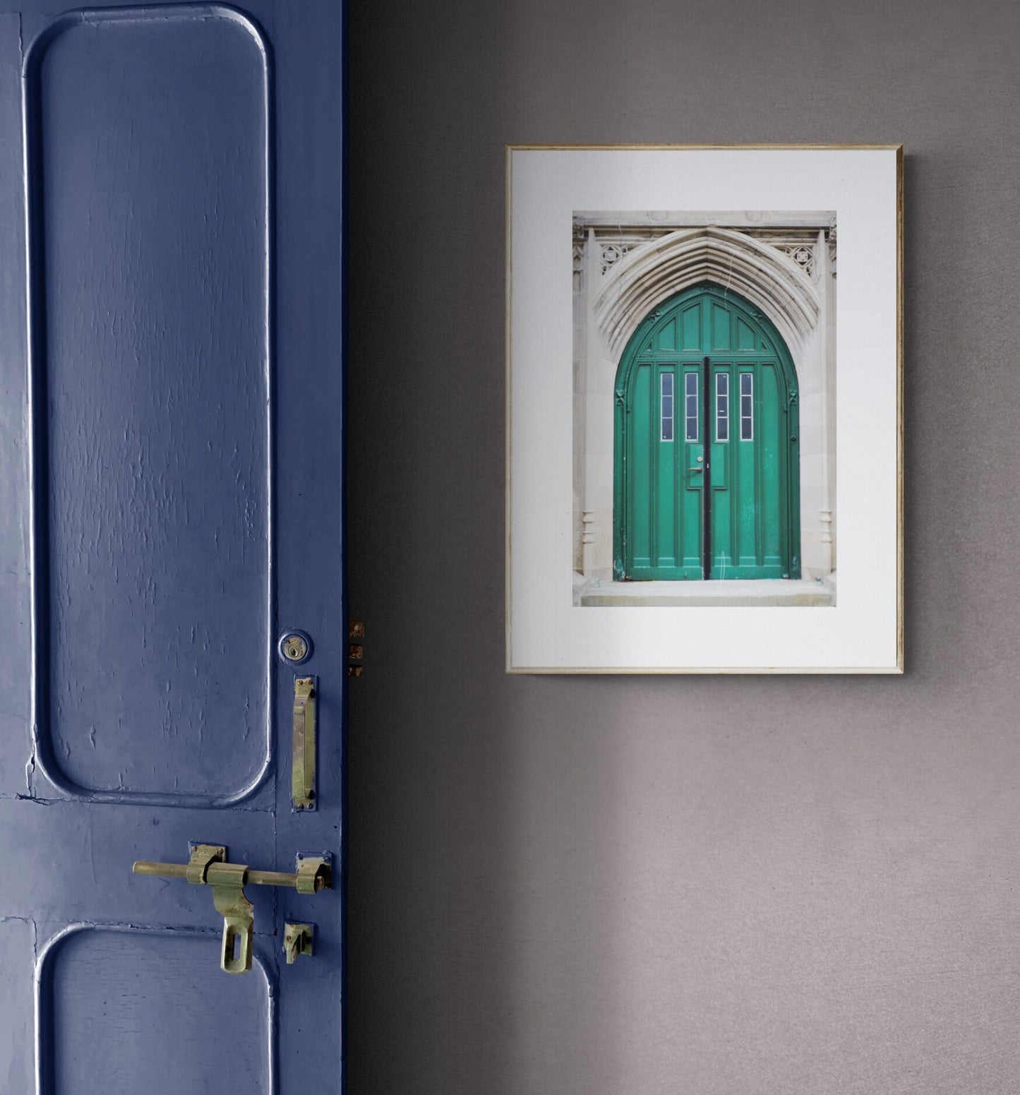 Gothic Green Door Photograph Print in an entryway as wall art