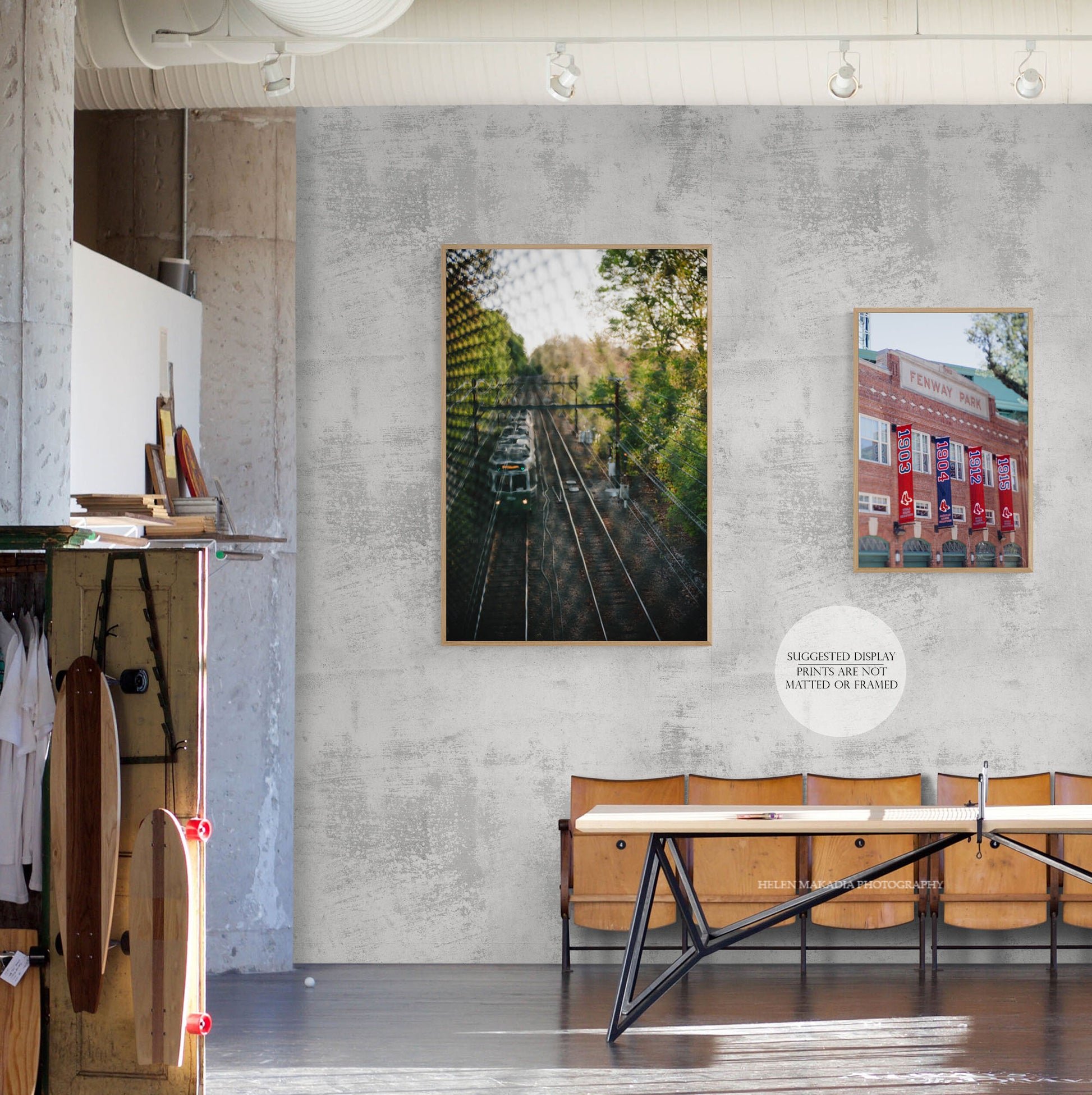 Framed Photograph of Green Line in Boston MA paired with Fenway Park Photograph of Boston MA