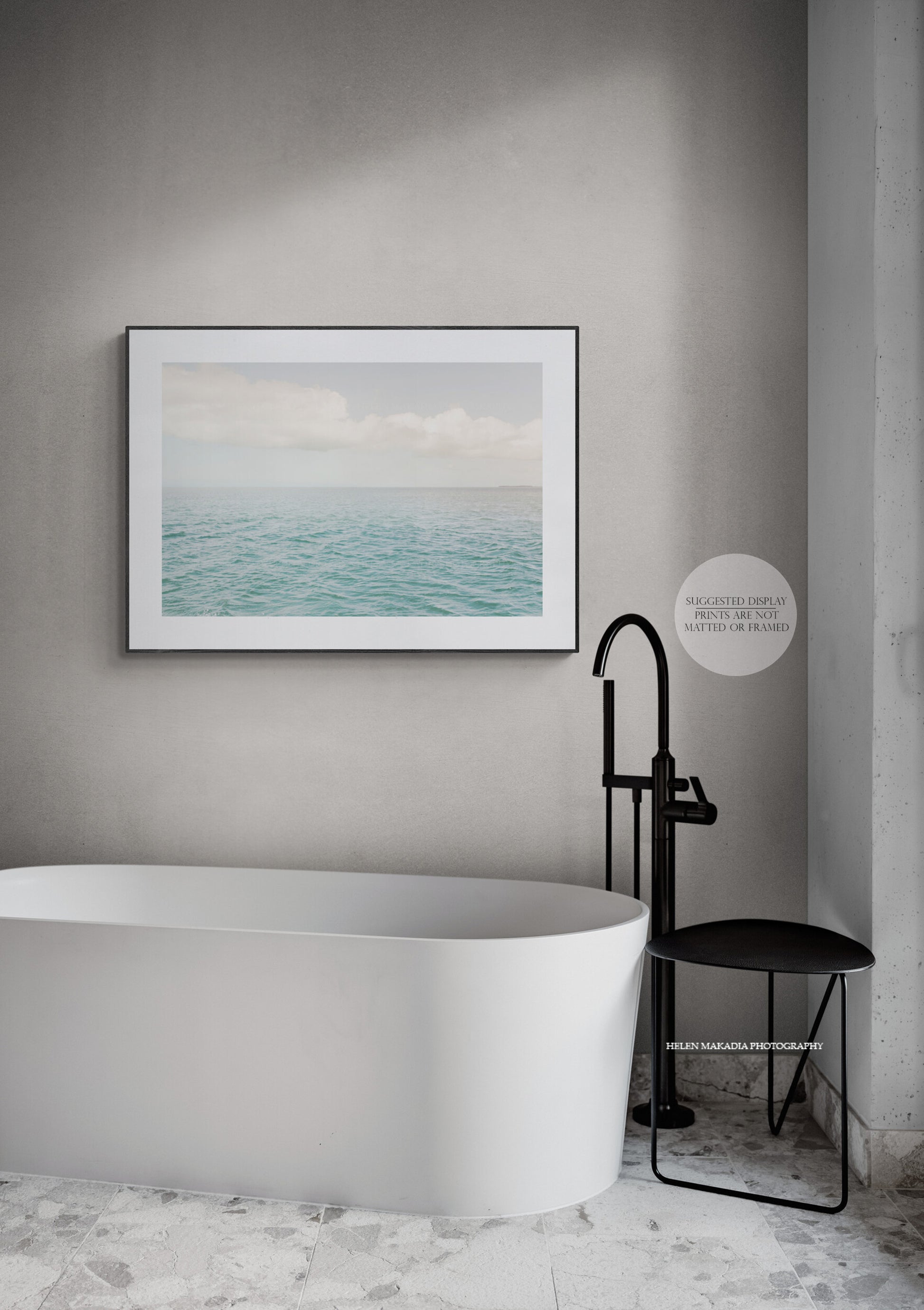Photograph of Open Ocean Waters of Key West Florida, framed and hung over a bathtub as bathroom wall art