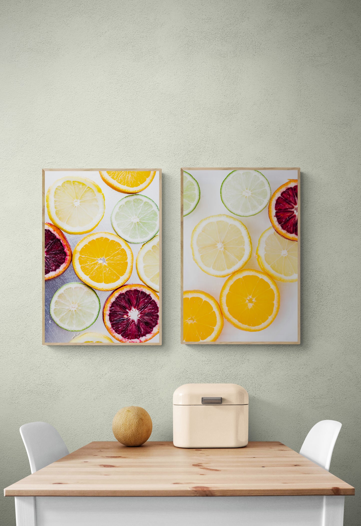 Set of two citrus prints in a kitchen