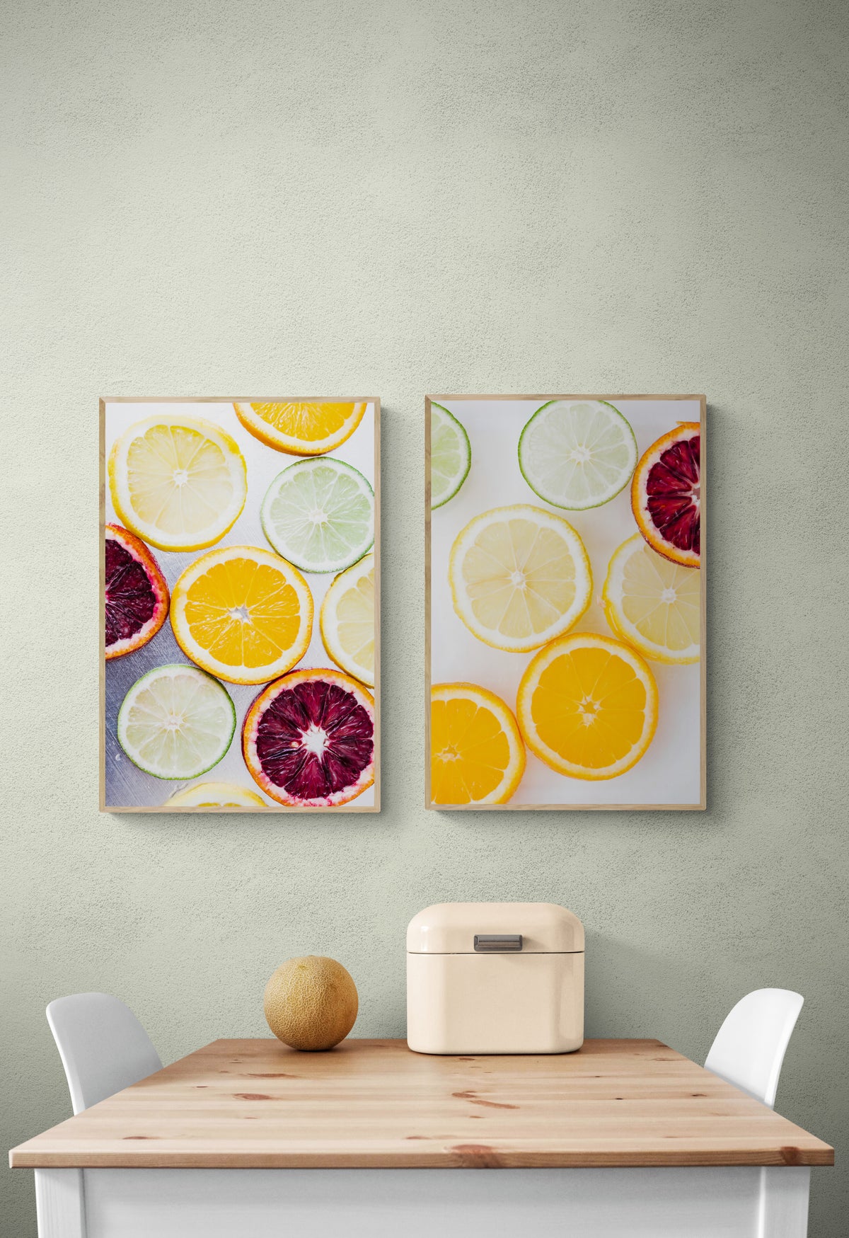 Set of two citrus prints in a kitchen