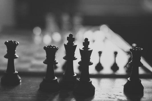 Black and White Photograph of Chess Pieces