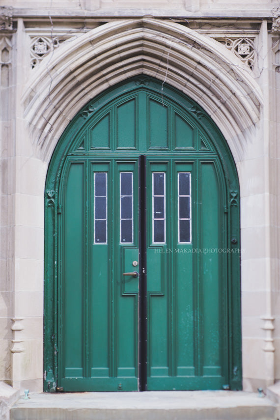 Green Door at Wellesley College with intricate stone detail