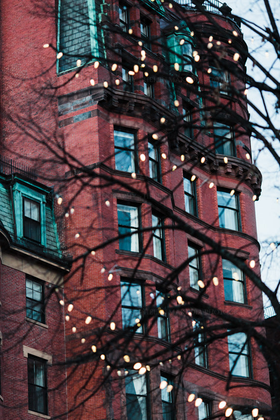 Photograph of Boston Brownstone with winter lights