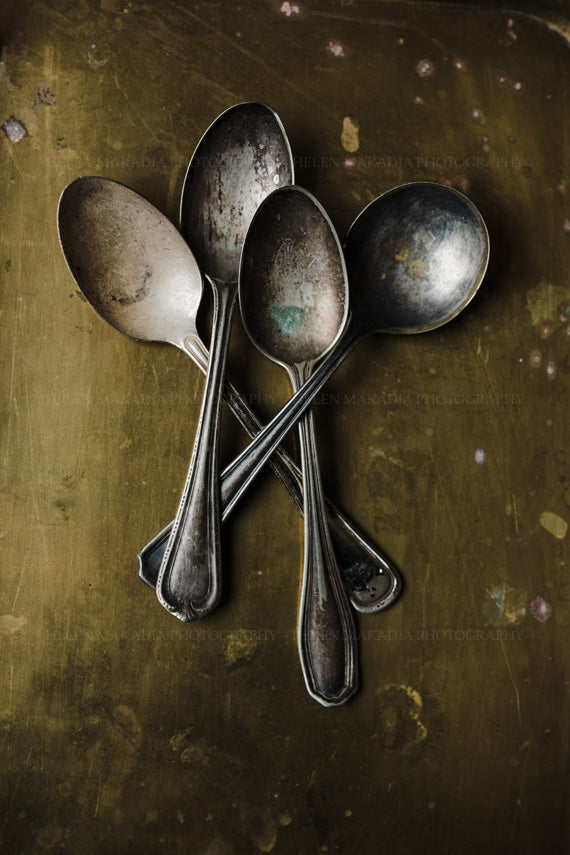 Print of Antique Vintage Spoons on gold tray