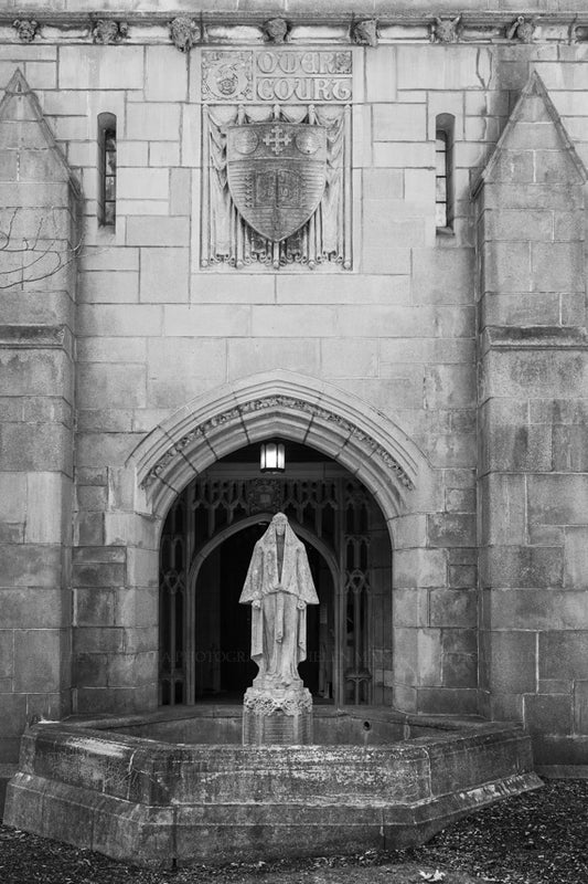 Photograph of Tower Court Stone Facade and Statue at Wellesley College