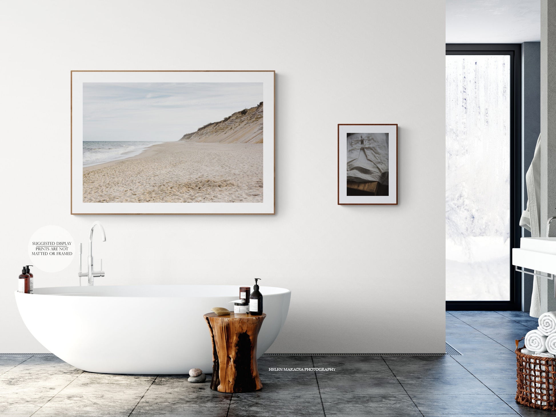 Framed Beach Print of Marconi Cliffs in a Bathroom above a Bathtub