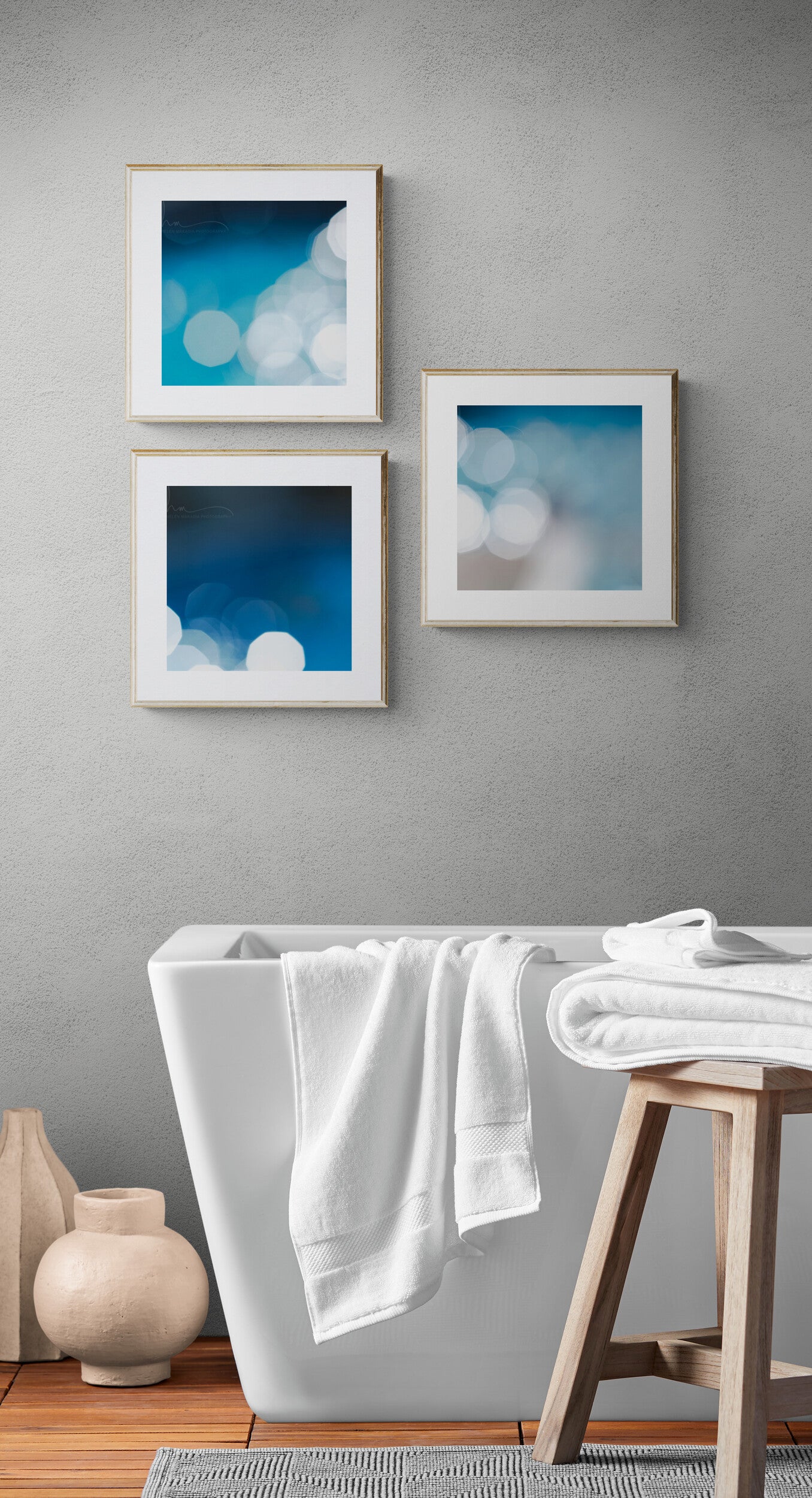 Modern Bathroom with 3 abstract blue photographs as wall art