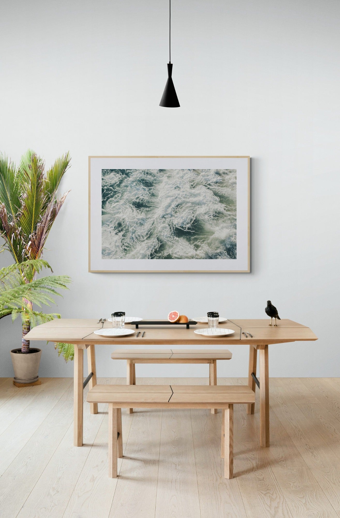 Pacific Ocean Waters Aerial Photograph as Wall Art in a Dining Room