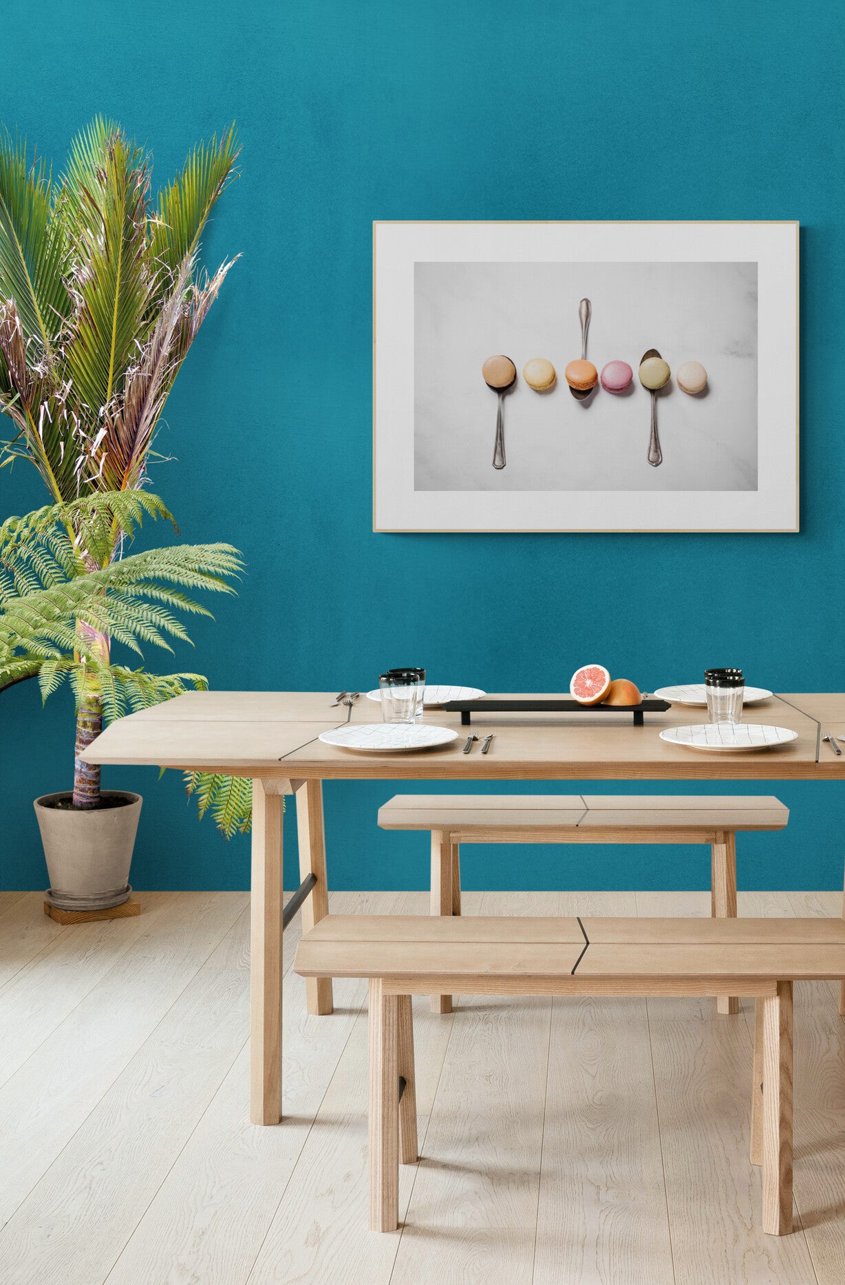 Pastel Macarons photograph print framed in a kitchen nook as wall art