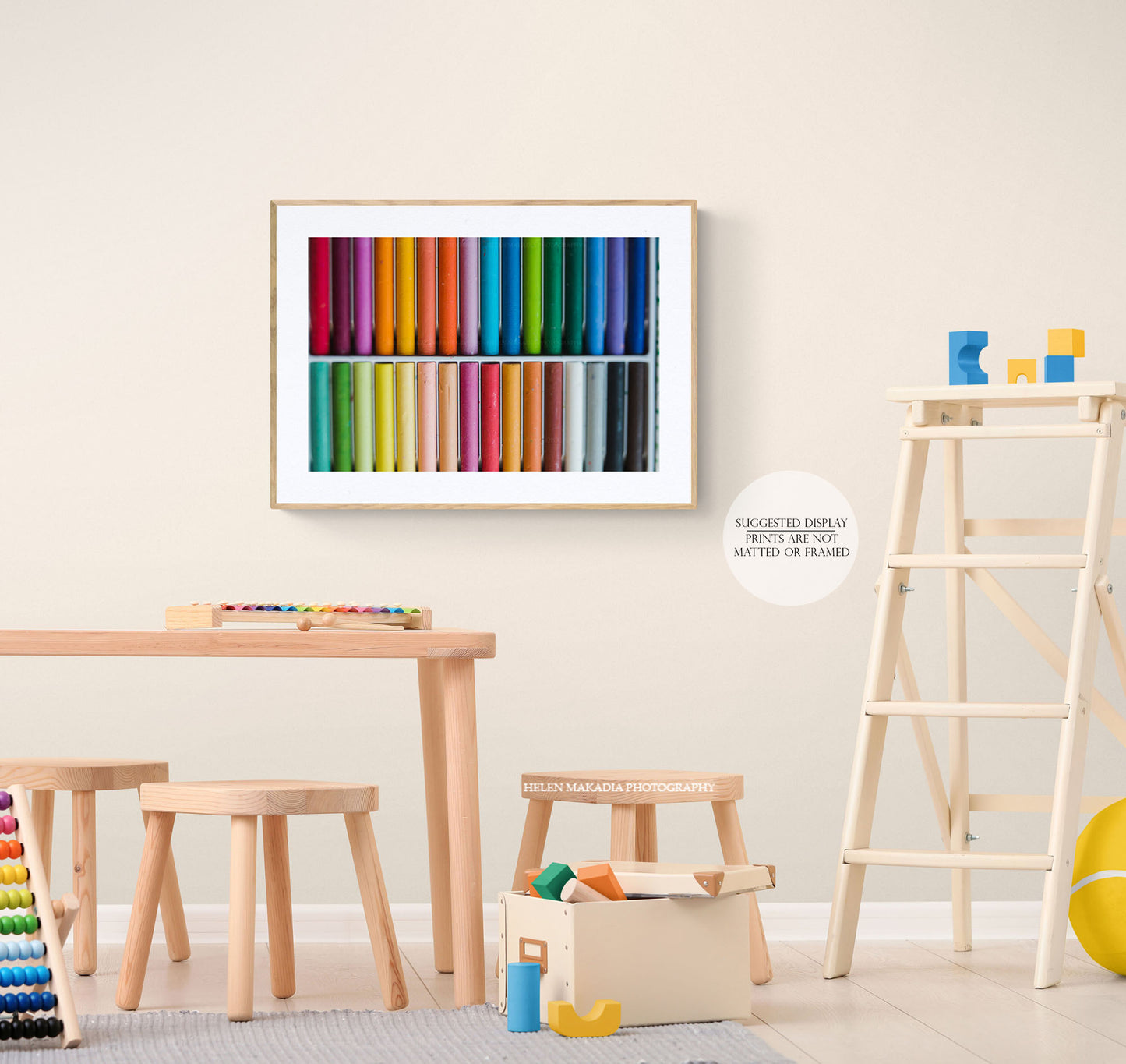 Colorful Pastels in a Box, framed in a playroom
