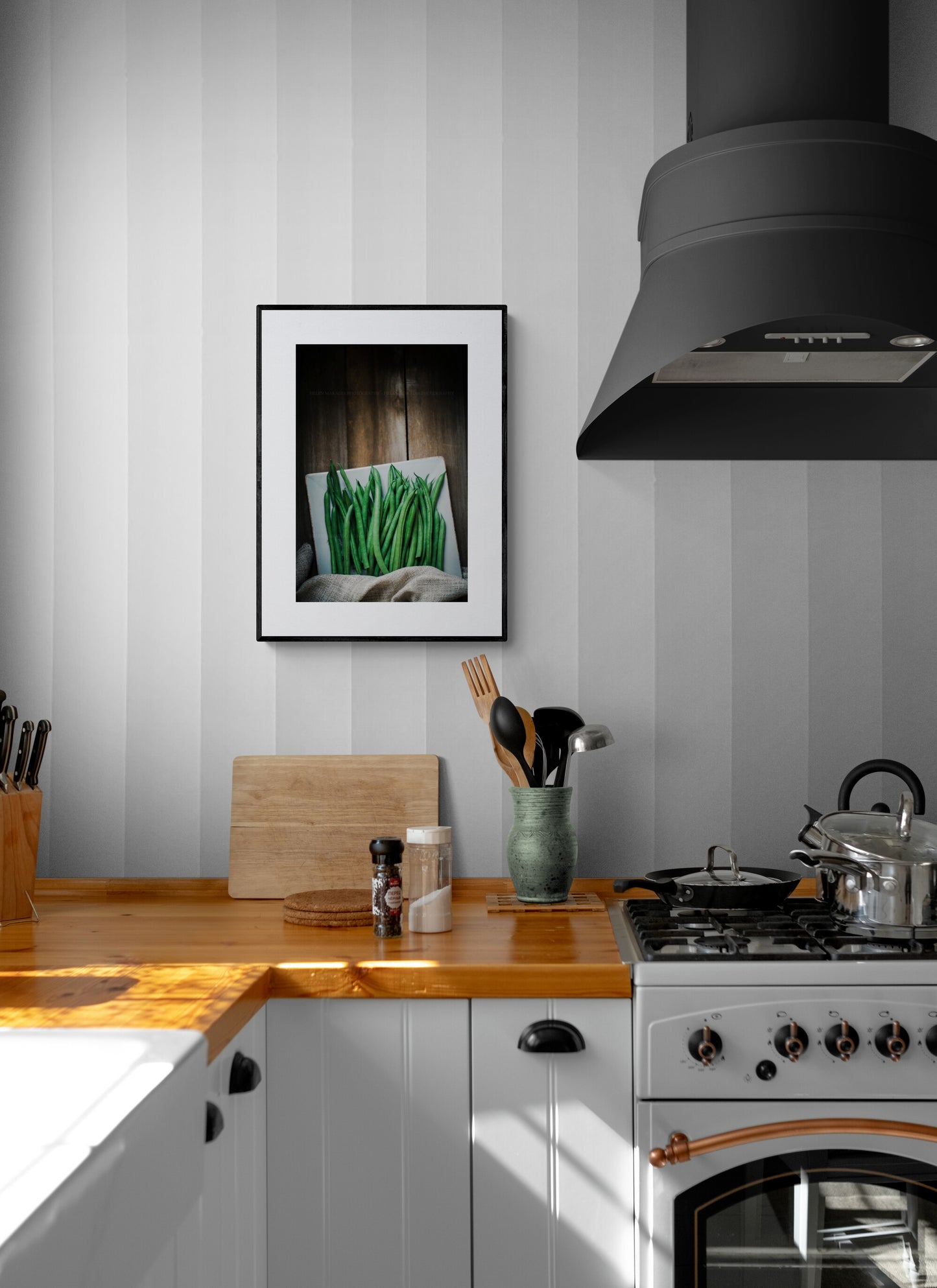 Photograph of green beans in a kitchen as wall art
