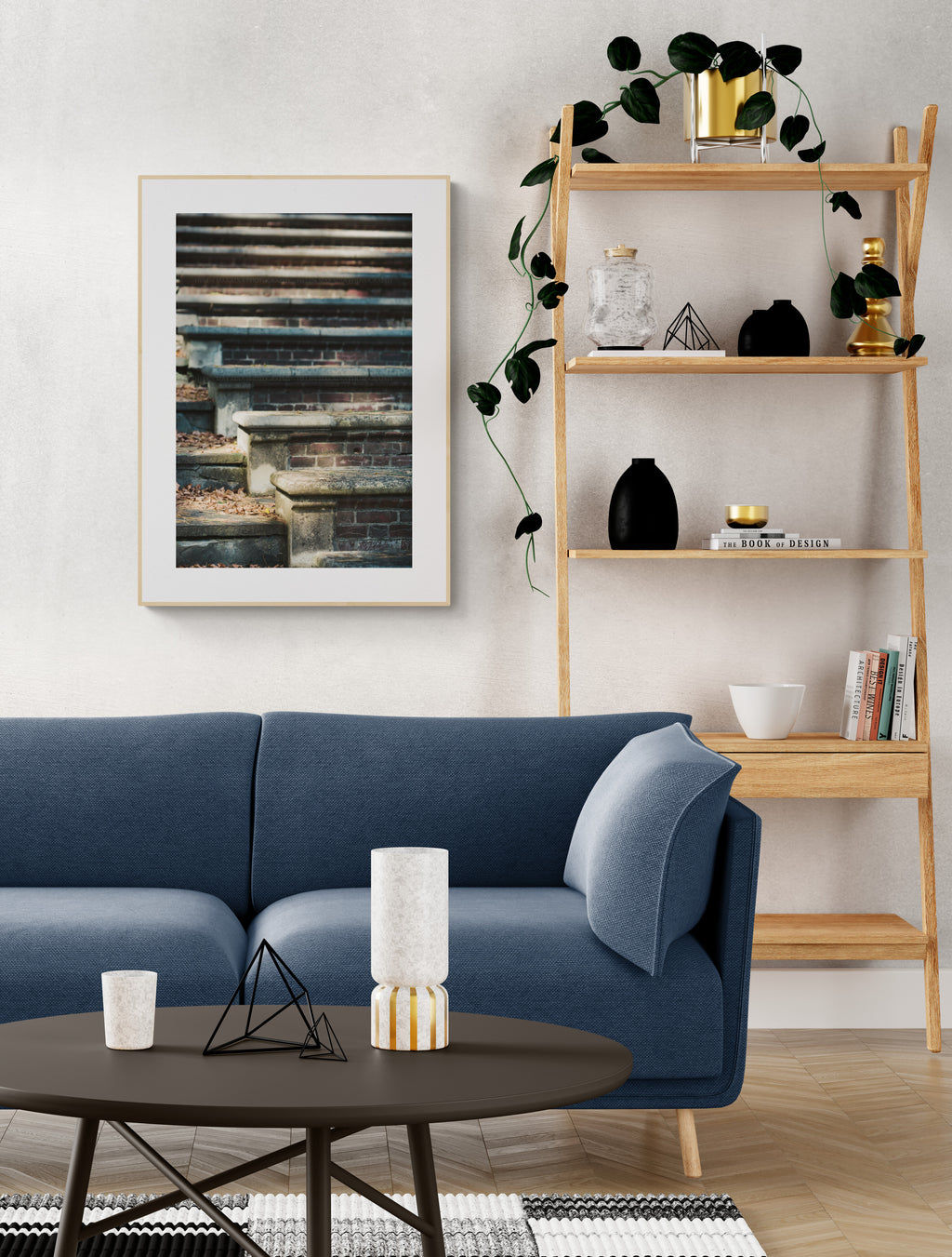 Photograph of the steps of the amphitheater at Wellesley College in a living room