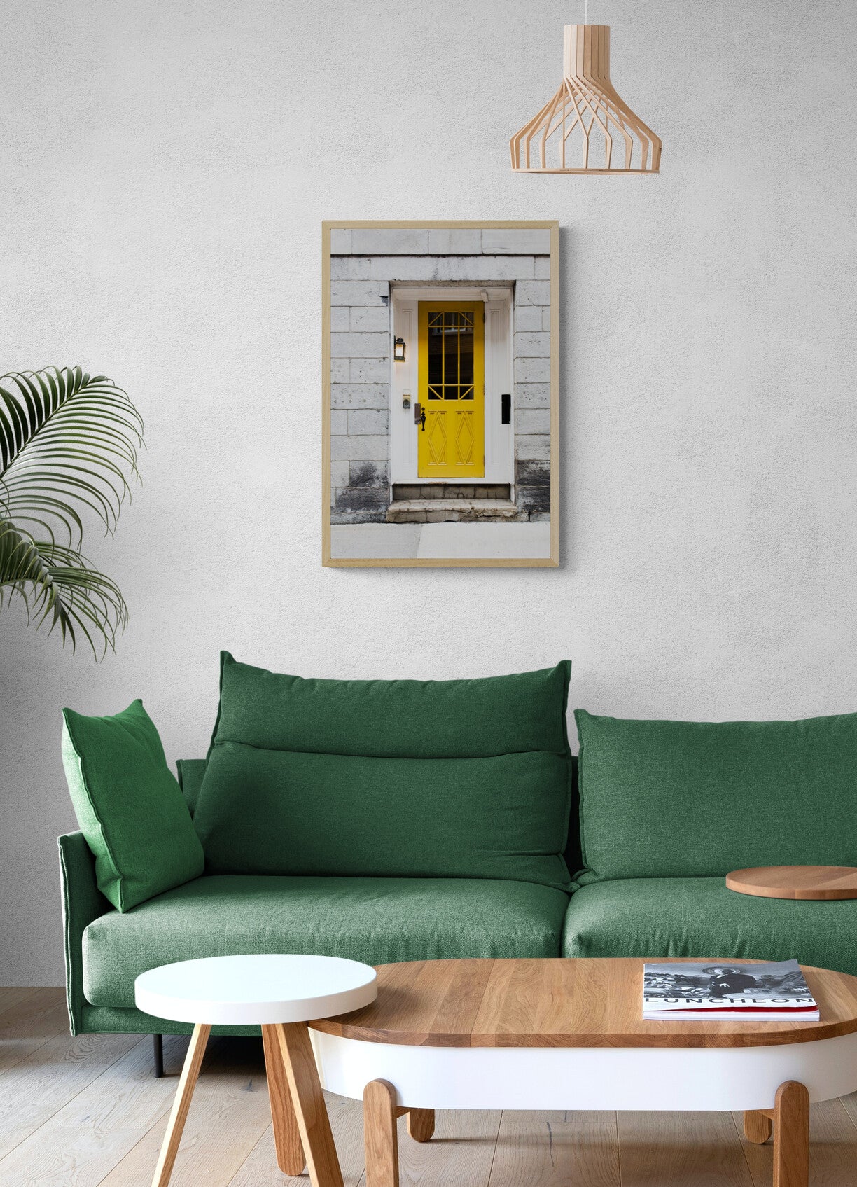 Photograph of a yellow door of old quebec city in a living room as wall art
