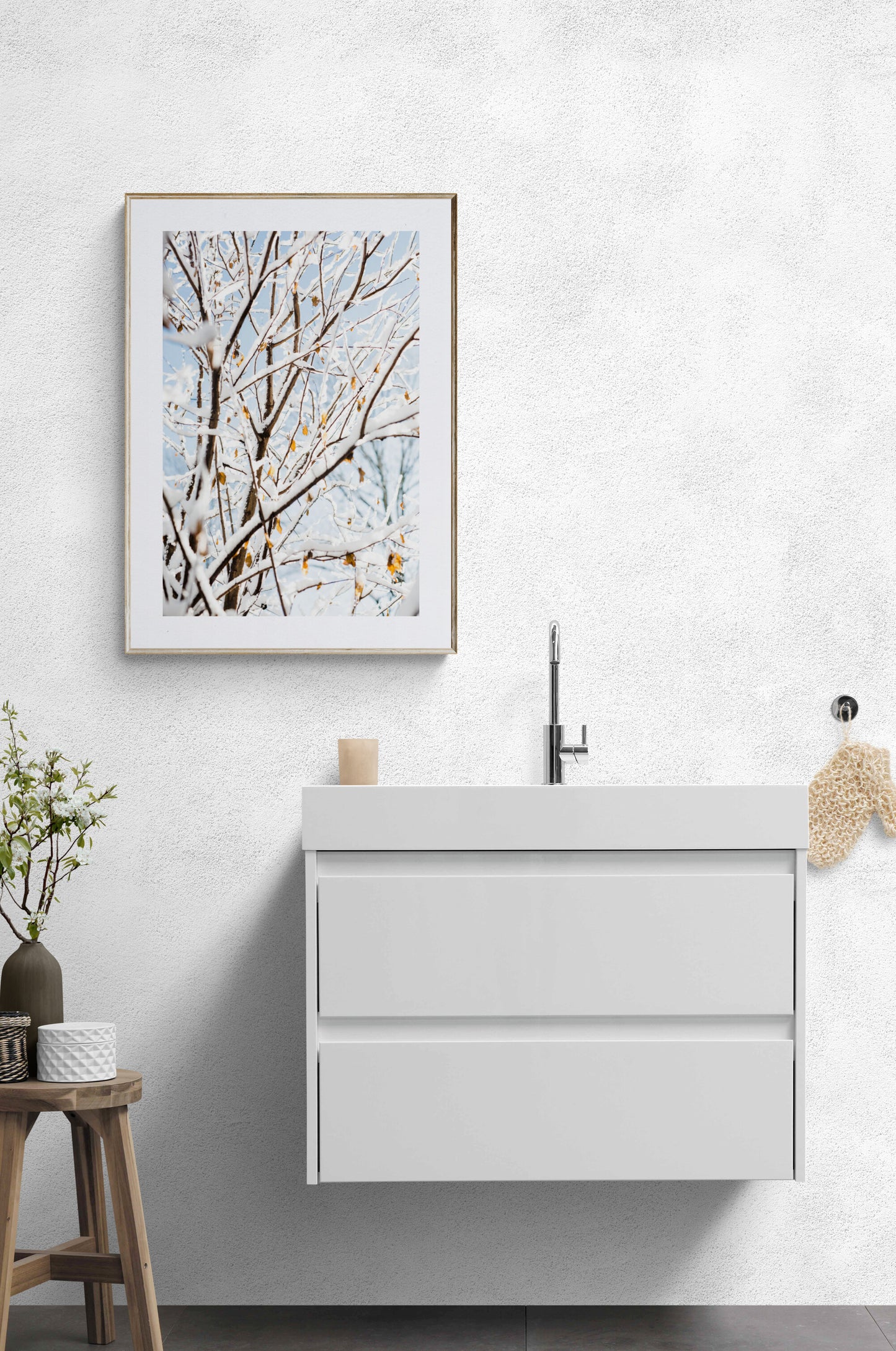 Photograph print of snow covered branches as bathroom wall art