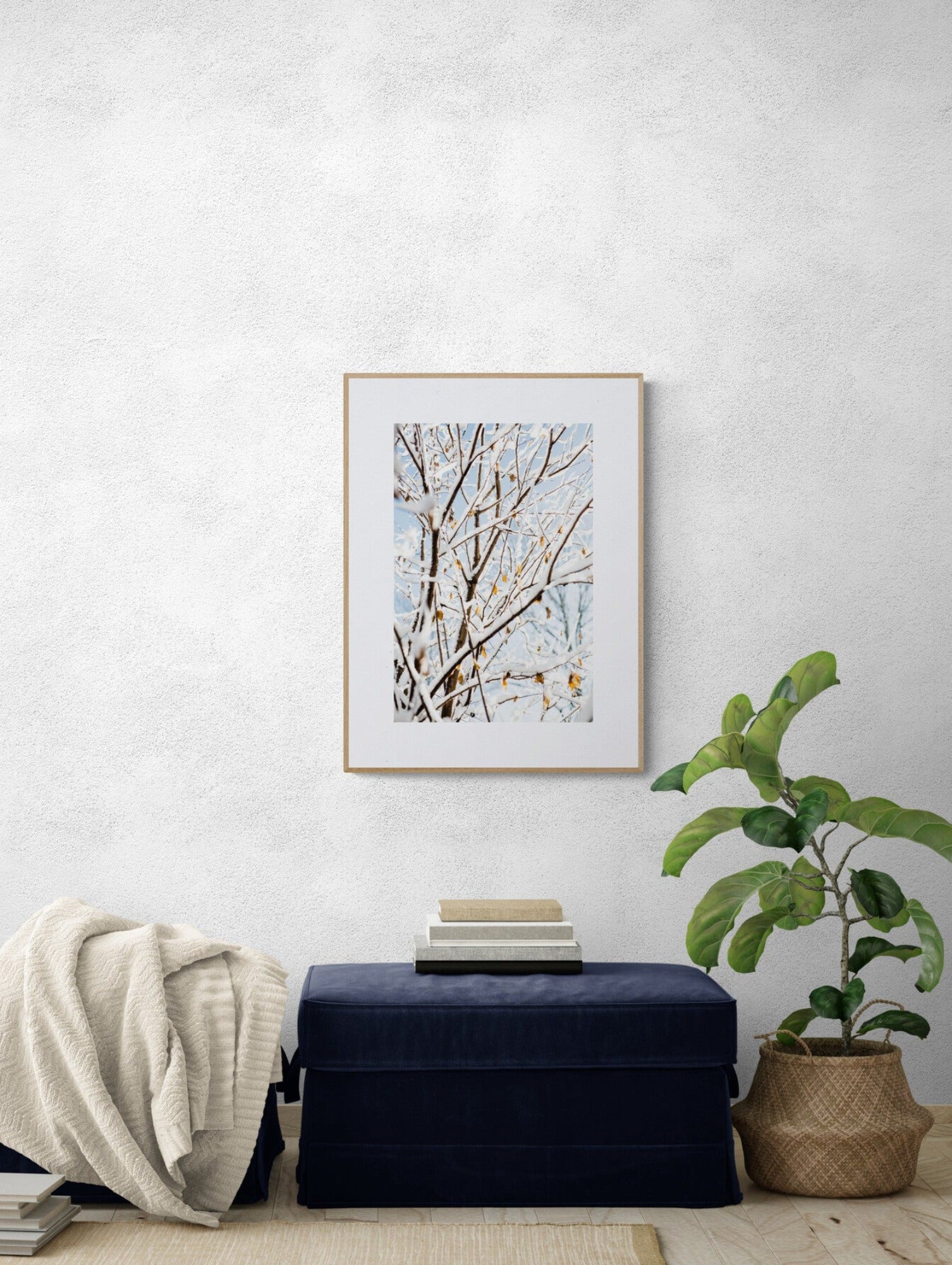 Photograph print of snow covered branches as entryway wall art