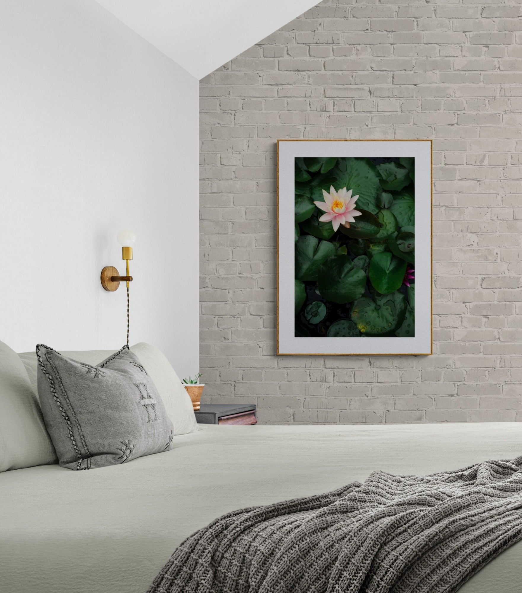 Pink Water Lily photograph wall art in a bedroom