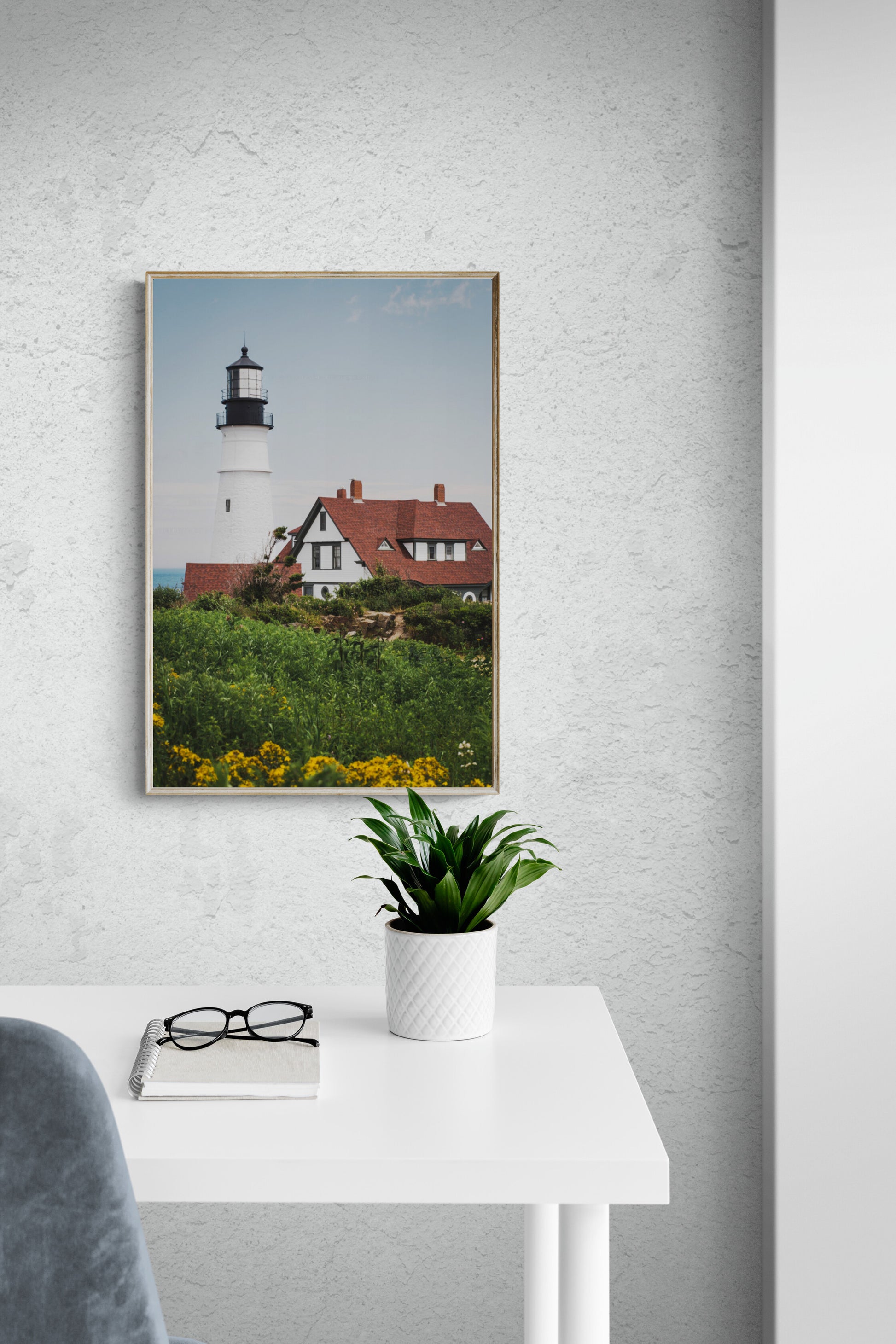 Portland Head Light lighthouse photograph print in a home office