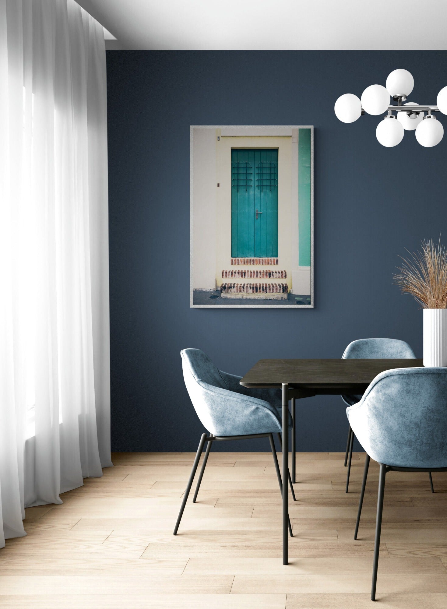 Old San Juan Puerto Rico Teal Door Photograph as Wall Art in a Dining Room