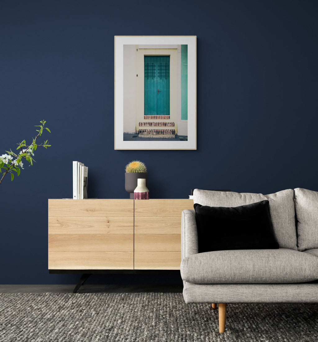Old San Juan Puerto Rico Teal Door Photograph as Wall Art in a Living Room
