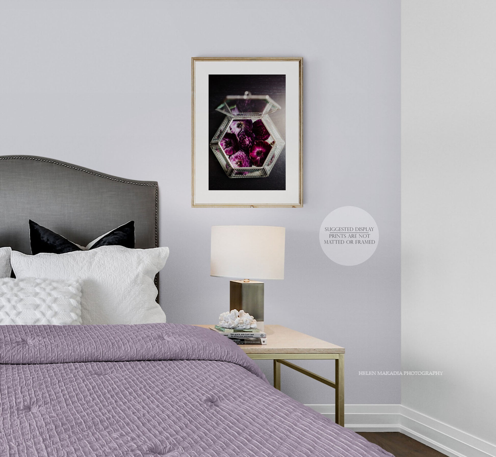 Framed Photograph of Purple Ranunculus in a glass treasure box, in a cozy bedroom