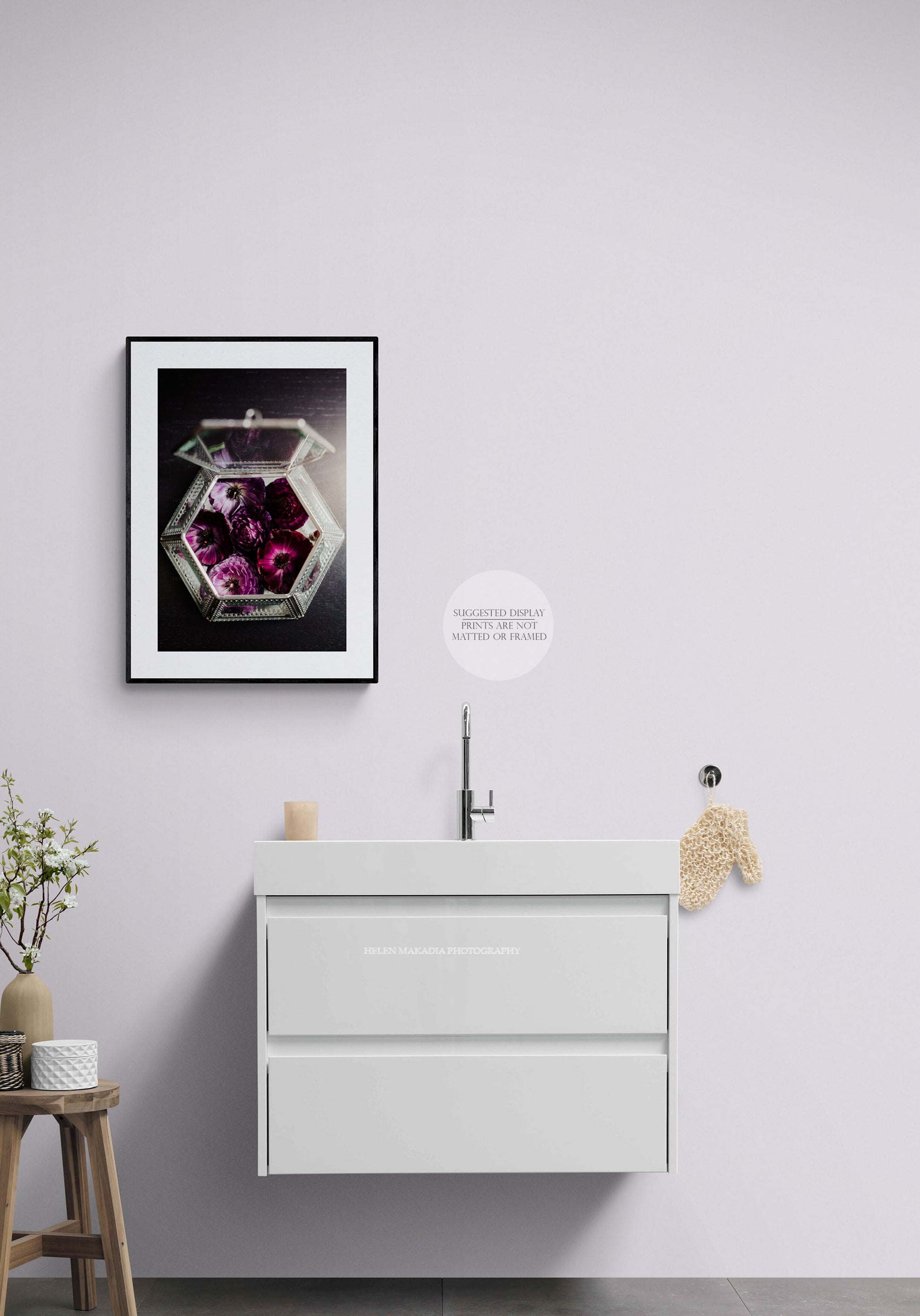 Framed Photograph of Purple Ranunculus in a glass treasure box, in a bathroom