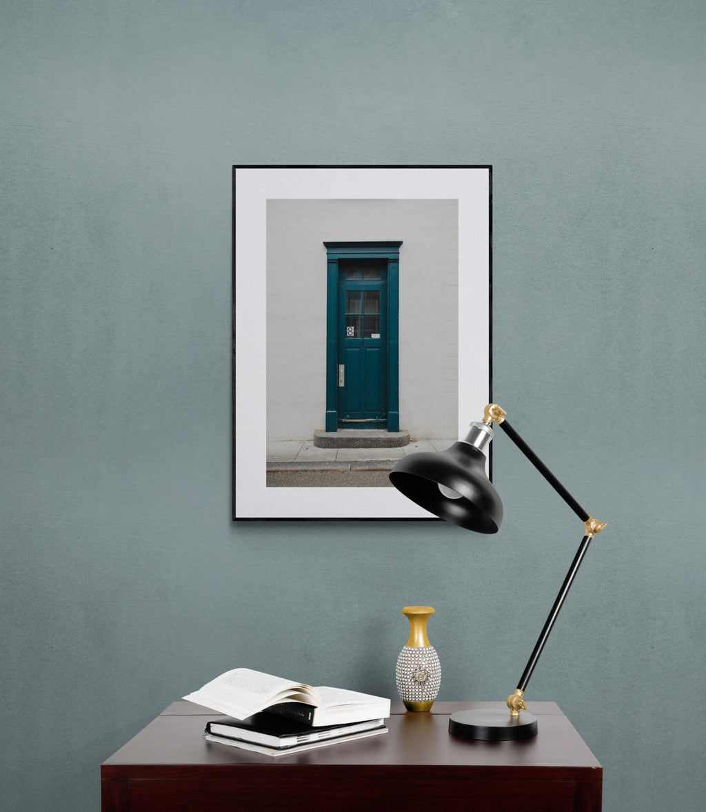 Photograph of Teal Blue Door in Quebec City as Wall art in a home office